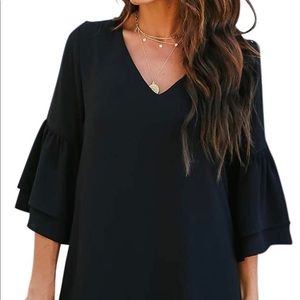 Black Women's Dress V-Neck Bell Sleeve Shift Dress